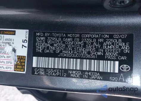 2007 Toyota Prius z USA, uszkodzony, nr VIN JTDKB20U073238361